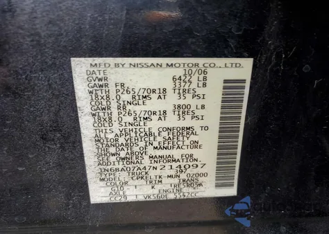 2007 Nissan Titan Xe из США, поврежденный, VIN 1N6BA07A47N214097